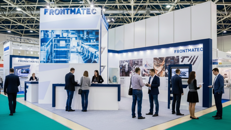 展示会場に設置された企業ブースの全景。青と白を基調としたスタイリッシュなデザインで、左側には大型モニターと受付カウンター、右側には製品紹介のパネルが並んでいる。ブース内や手前の通路には、商談をしたりパネルを熱心に眺めたりするビジネスマンたちの姿があり、活気ある展示会の様子が描かれている。