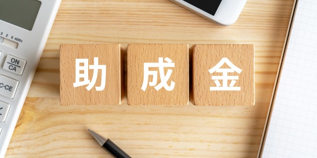 明るい木目の机の上に「助成金」と書かれた木のブロックが並べられている。企業の資金調達や経営支援をテーマにした写真。