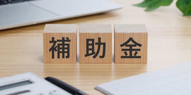 明るい木目の机の上に「補助金」
と書かれた木のブロックが並べられている。企業の資金調達や経営支援をテーマにした写真。