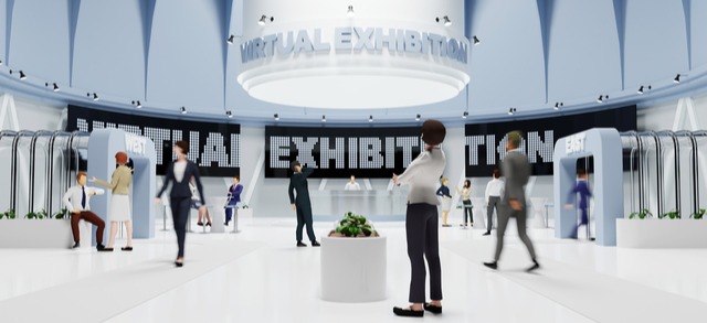 バーチャルなオンライン展示会に参加するビジネスマンたち